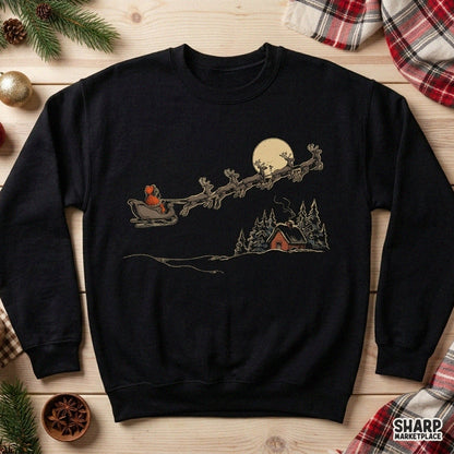 Rustic Moonlit Winter Sleigh Ride Line Art Over Cozy Pine