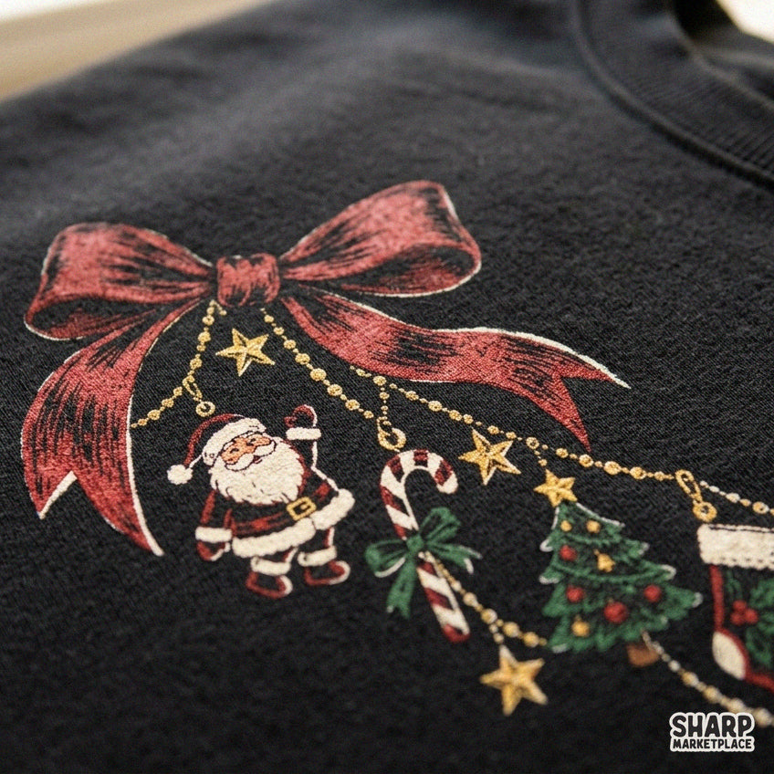 Red coquette bow with dangling holiday charms, festive Christmas PNG illustration for shirts and sublimation designs