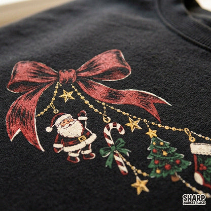 Red coquette bow with dangling holiday charms, festive Christmas PNG illustration for shirts and sublimation designs