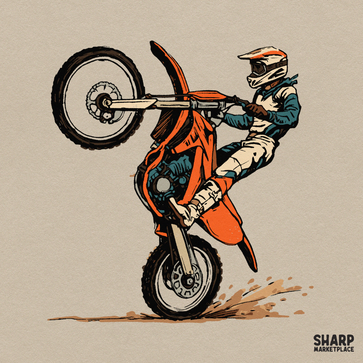 Retro motocross dirt bike rider doing a wheelie stunt PNG graphic design for boys racing t-shirts and apparel