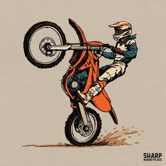 Retro motocross dirt bike rider doing a wheelie stunt PNG graphic design for boys racing t-shirts and apparel