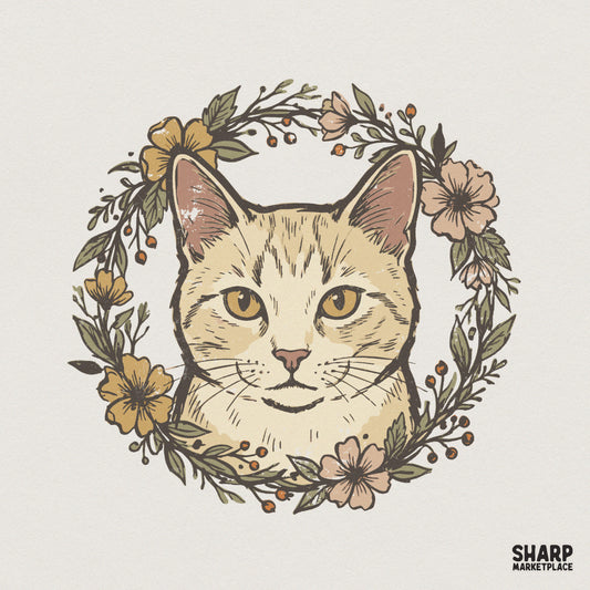 Cat PNG Floral Wreath, Vintage Cat Illustration - 300 DPI Design for