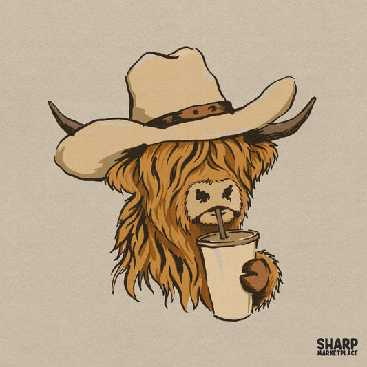 Hand-drawn illustration of a shaggy highland cow wearing a tan cowboy hat and sipping an iced coffee, rendered in a rustic, vintage sketch style.