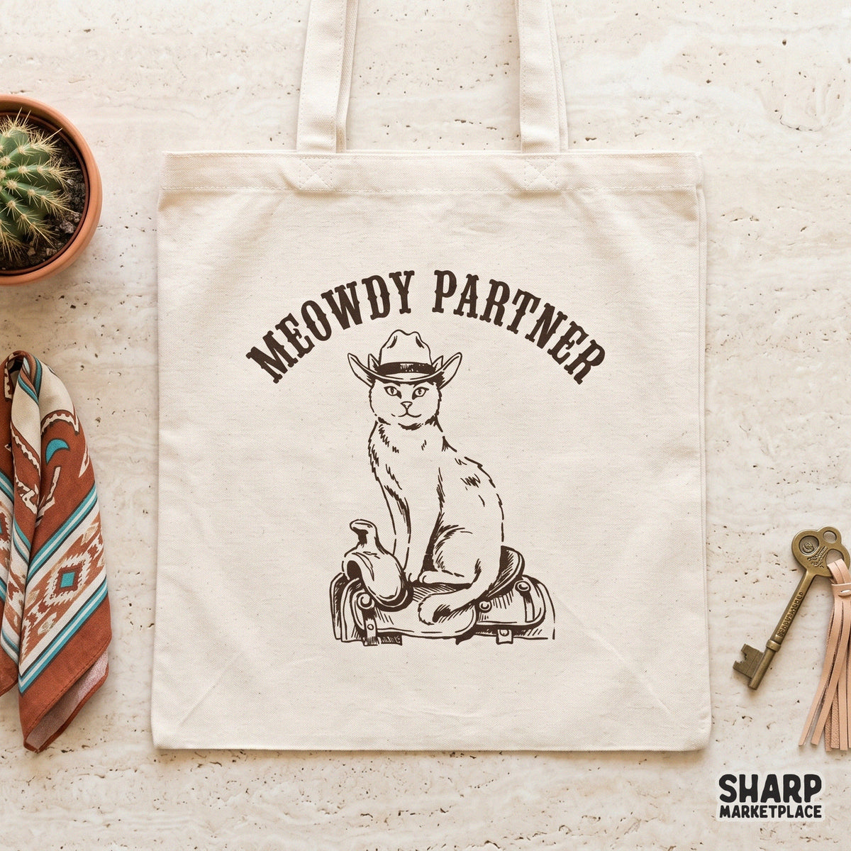 Vintage style brown ink illustration of a feline cowboy on a saddle, ideal for custom t-shirts, stickers, and western themed printable art.