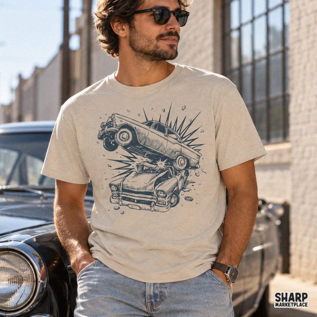Vintage cars crashing mid air with flying debris action scene retro png graphic for t-shirts and sublimation