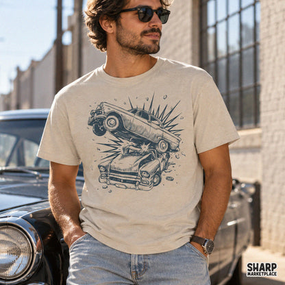 Vintage cars crashing mid air with flying debris action scene retro png graphic for t-shirts and sublimation