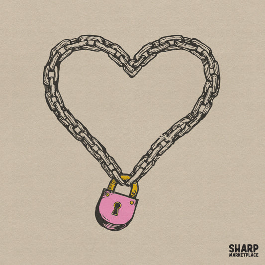 Hand-drawn gothic heart made of heavy steel chains secured with a pink and gold padlock for edgy Valentine shirt designs.