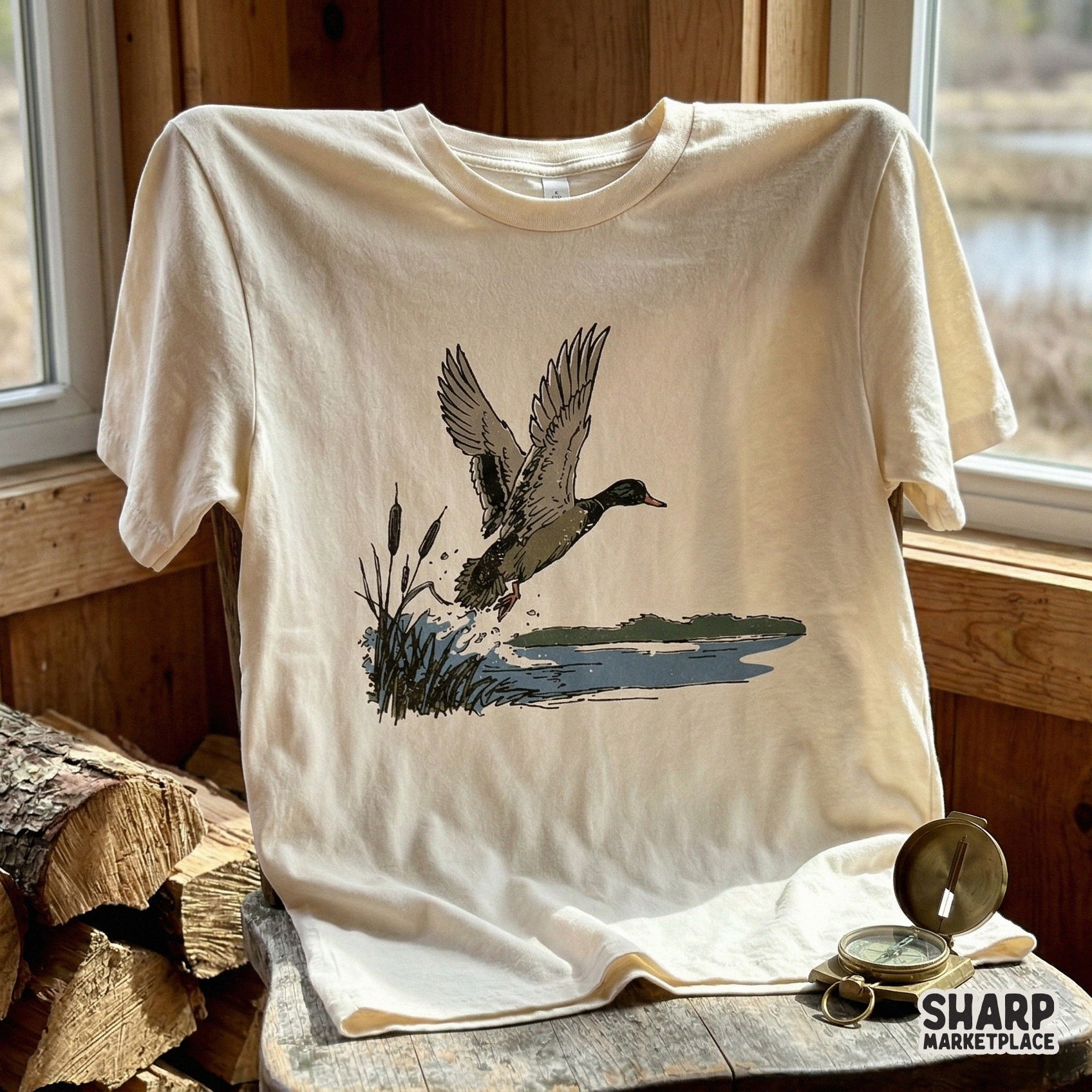 Cream colored t-shirt featuring a vintage mallard duck design in moss green and slate blue, perfect for hunting-themed apparel and fall fashion.