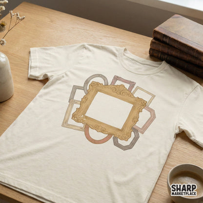 T-shirt mockup featuring a layered vintage frame design with a prominent gold ornate center piece and various geometric antique borders in soft colors.