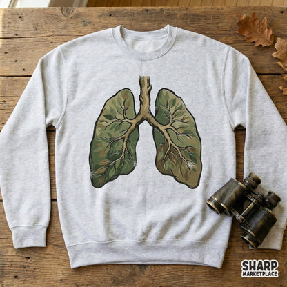 Digital illustration of human lungs shaped by sage and olive green leaves, perfect for Earth Day sublimation, stickers, or nature-themed wall art.