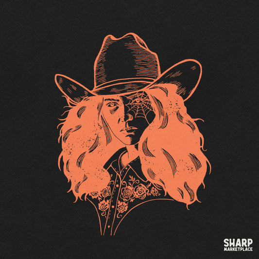 Gothic cowgirl with spiderweb face illustration for dark western shirt sublimation and spooky season Halloween PNG