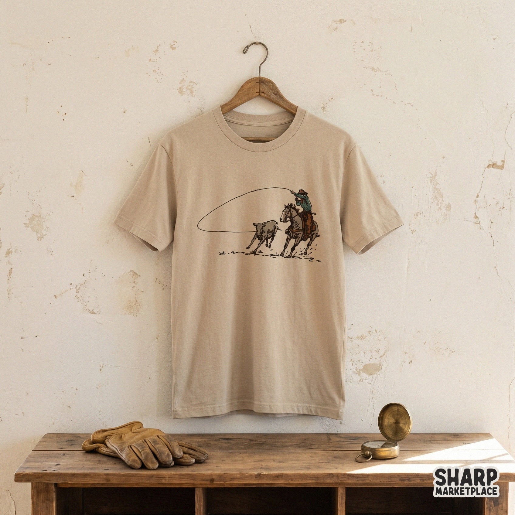 Western ranch life graphic showing a cowboy roping a calf from a horse, presented as a high-resolution transparent file for DIY apparel and decor items.