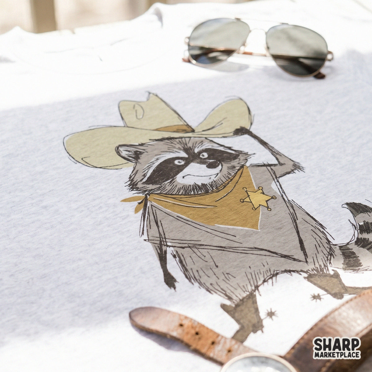 Detailed western raccoon character design featuring a desert deputy theme for creative DIY projects, clothing prints, and animal lover gifts