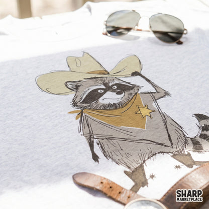 Detailed western raccoon character design featuring a desert deputy theme for creative DIY projects, clothing prints, and animal lover gifts