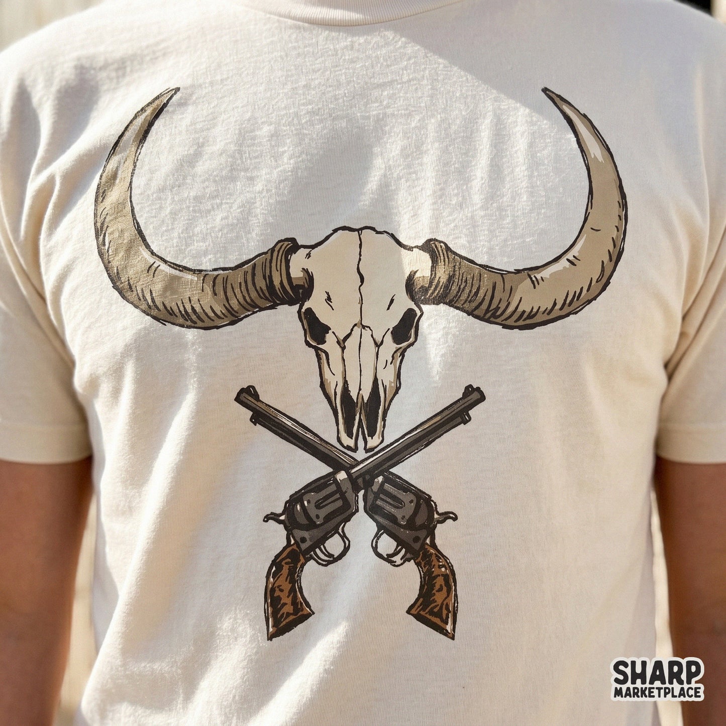 Western bull skull with crossed pistols PNG for rugged cowboy outlaw graphic tees and western gothic sublimation designs