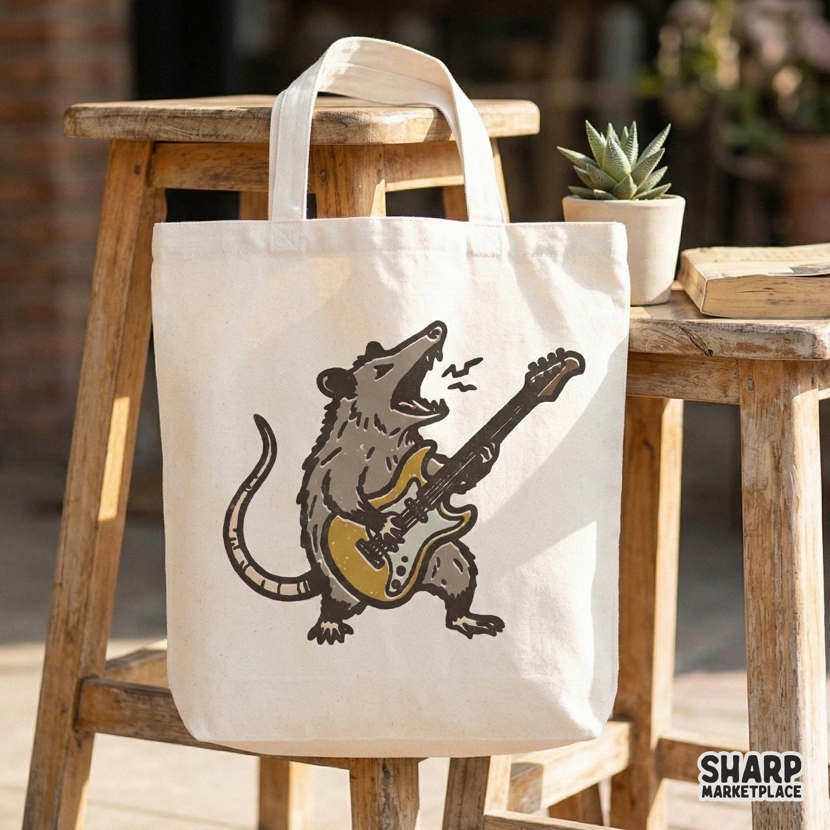 Edgy marsupial musician graphic with a yellow guitar and distressed charcoal textures, suitable for unique sublimation transfers and apparel art.