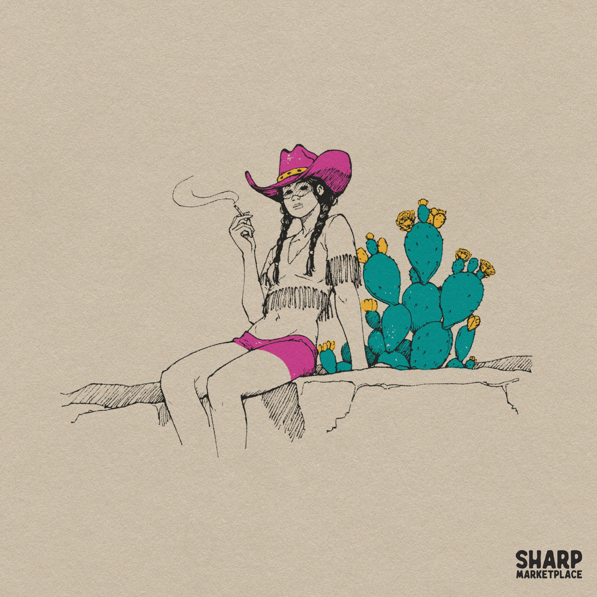 Relaxed Desert Cowgirl By Prickly Pear Cactus, Retro