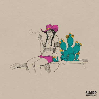 Relaxed Desert Cowgirl By Prickly Pear Cactus, Retro