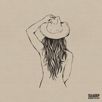 Minimalist black line art of a woman from behind wearing a wide-brimmed western hat, perfect for sublimation and apparel.