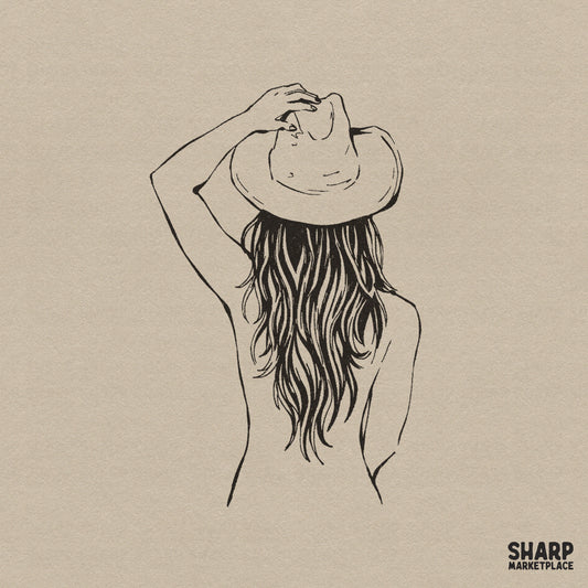 Minimalist black line art of a woman from behind wearing a wide-brimmed western hat, perfect for sublimation and apparel.