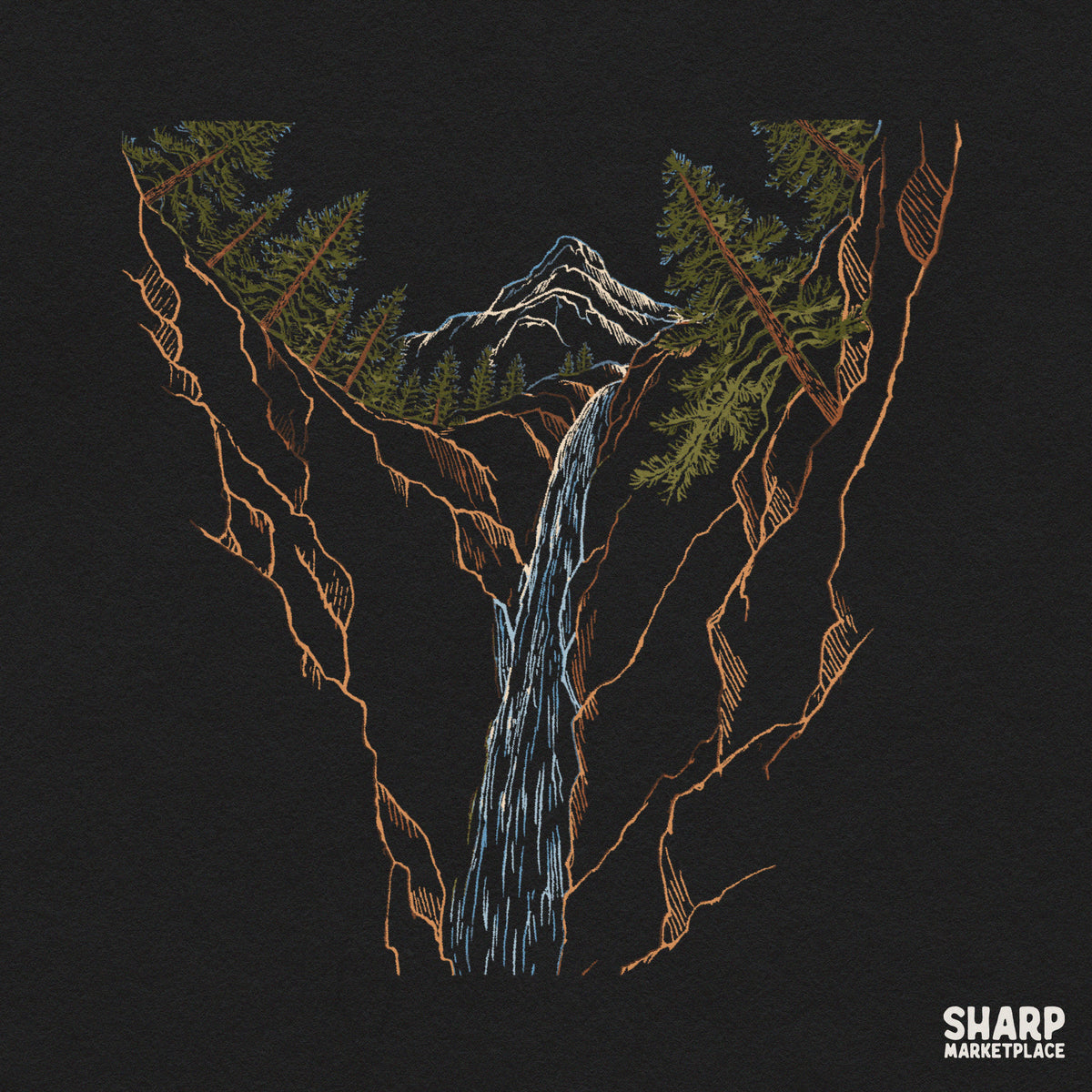 Majestic mountain waterfall and pine trees wilderness sketch for summer camping t-shirt designs