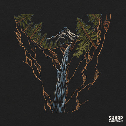 Majestic mountain waterfall and pine trees wilderness sketch for summer camping t-shirt designs