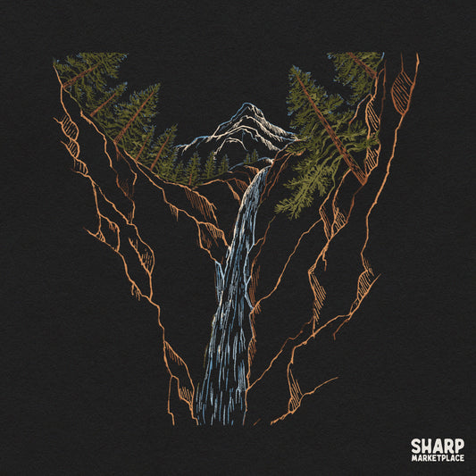 Majestic mountain waterfall and pine trees wilderness sketch for summer camping t-shirt designs