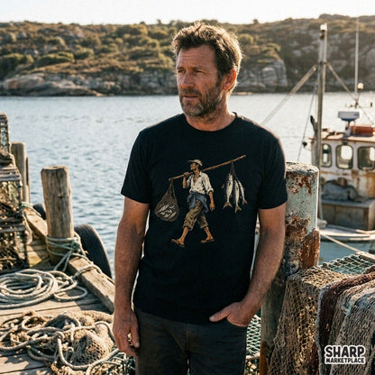 Vintage fisherman carrying fresh catch in a fish net for Father's Day sublimation shirt design