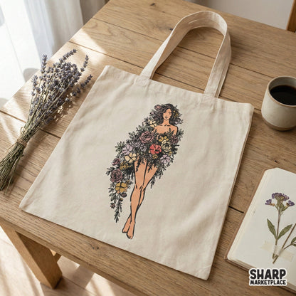 Floral woman PNG design displayed on a canvas tote bag, showcasing delicate line art of a goddess figure surrounded by sage and mustard flowers.