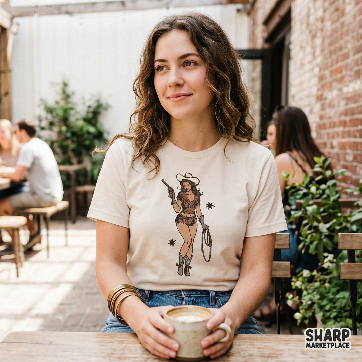 Retro Fringe Cowgirl Holding Rope And Revolver Western Artwork, Trendy