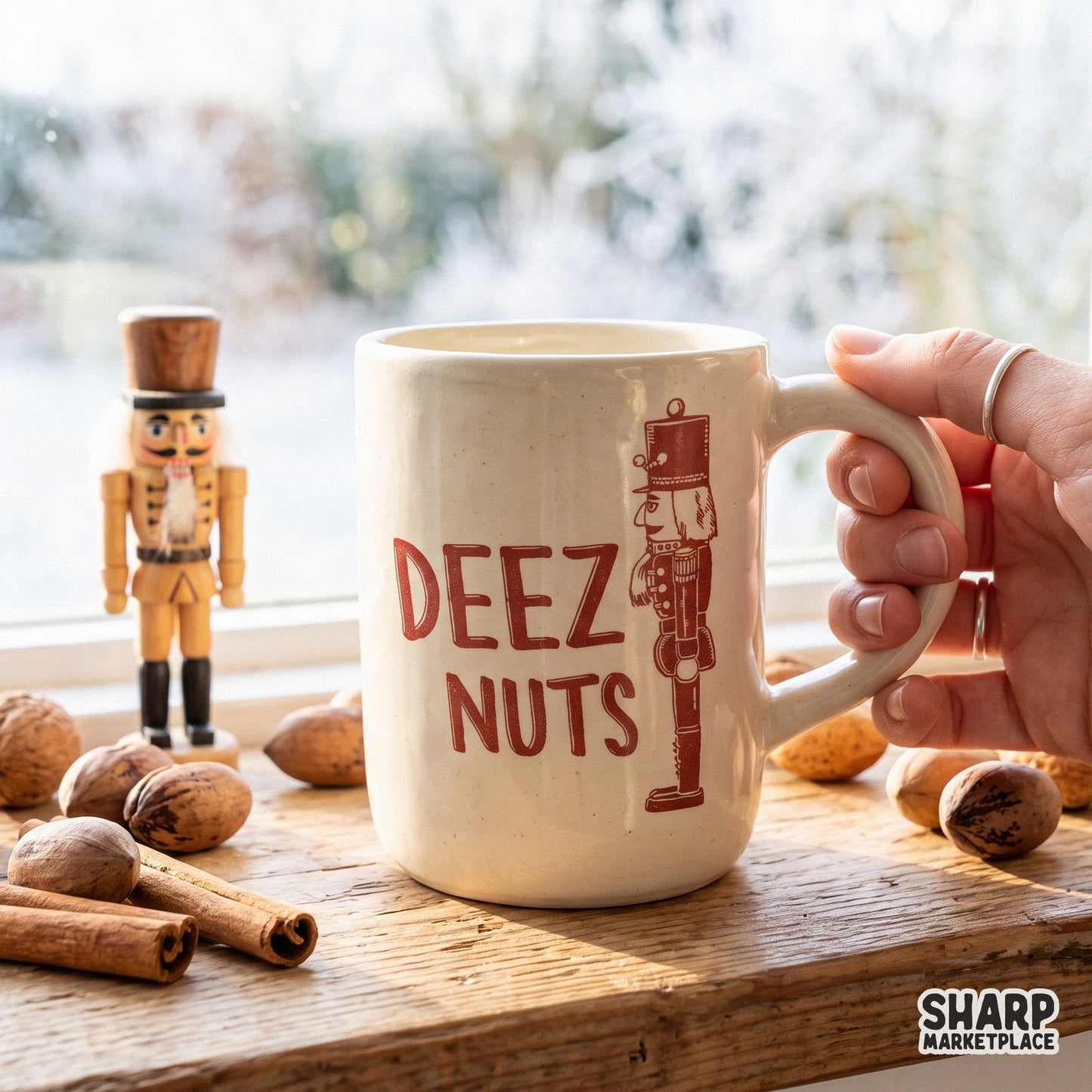 Funny red standing nutcracker doll with a sarcastic Deez Nuts holiday pun in a retro Christmas PNG design for shirts