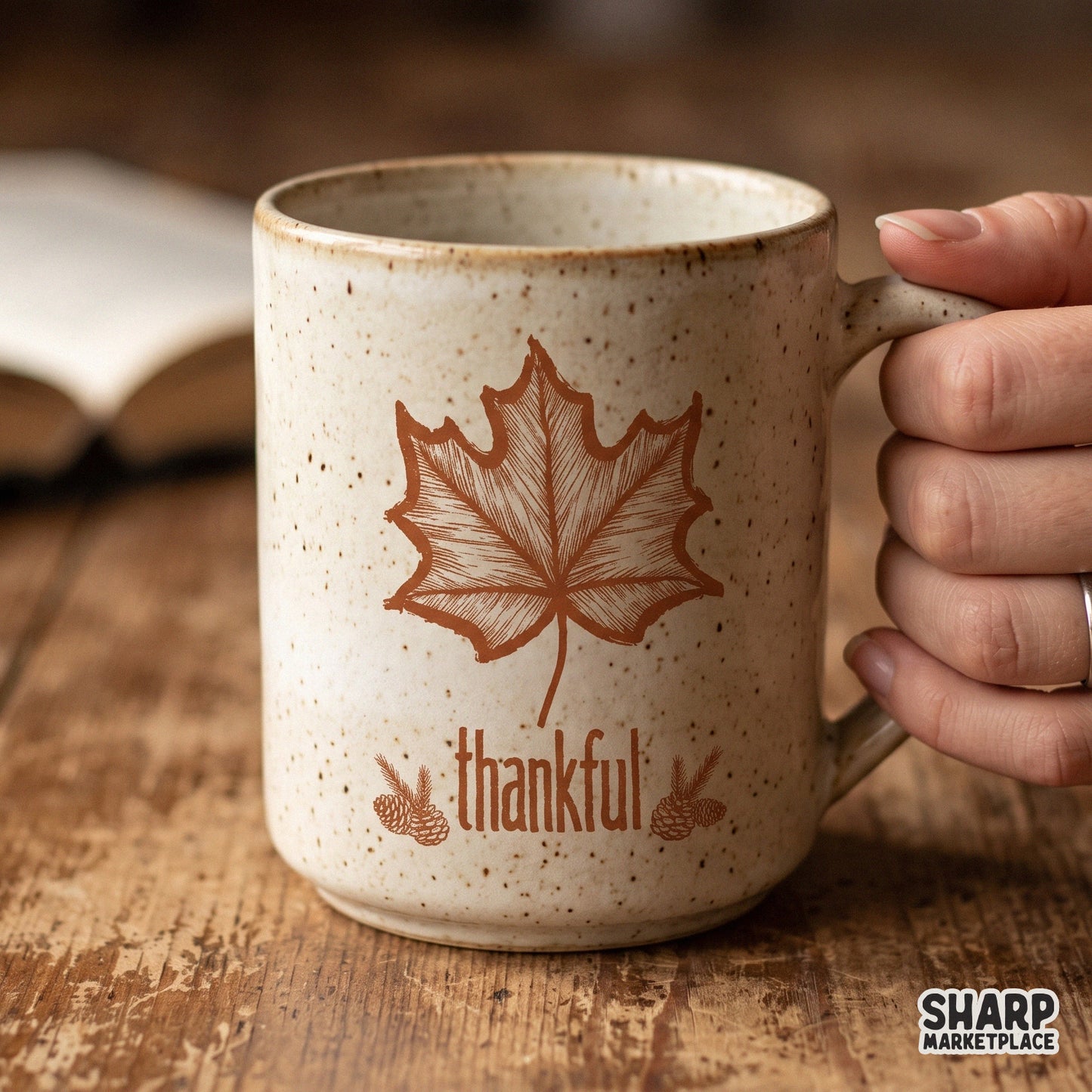 Thankful rustic pinecones and maple leaf fall sublimation design for Thanksgiving apparel and autumn home decor prints
