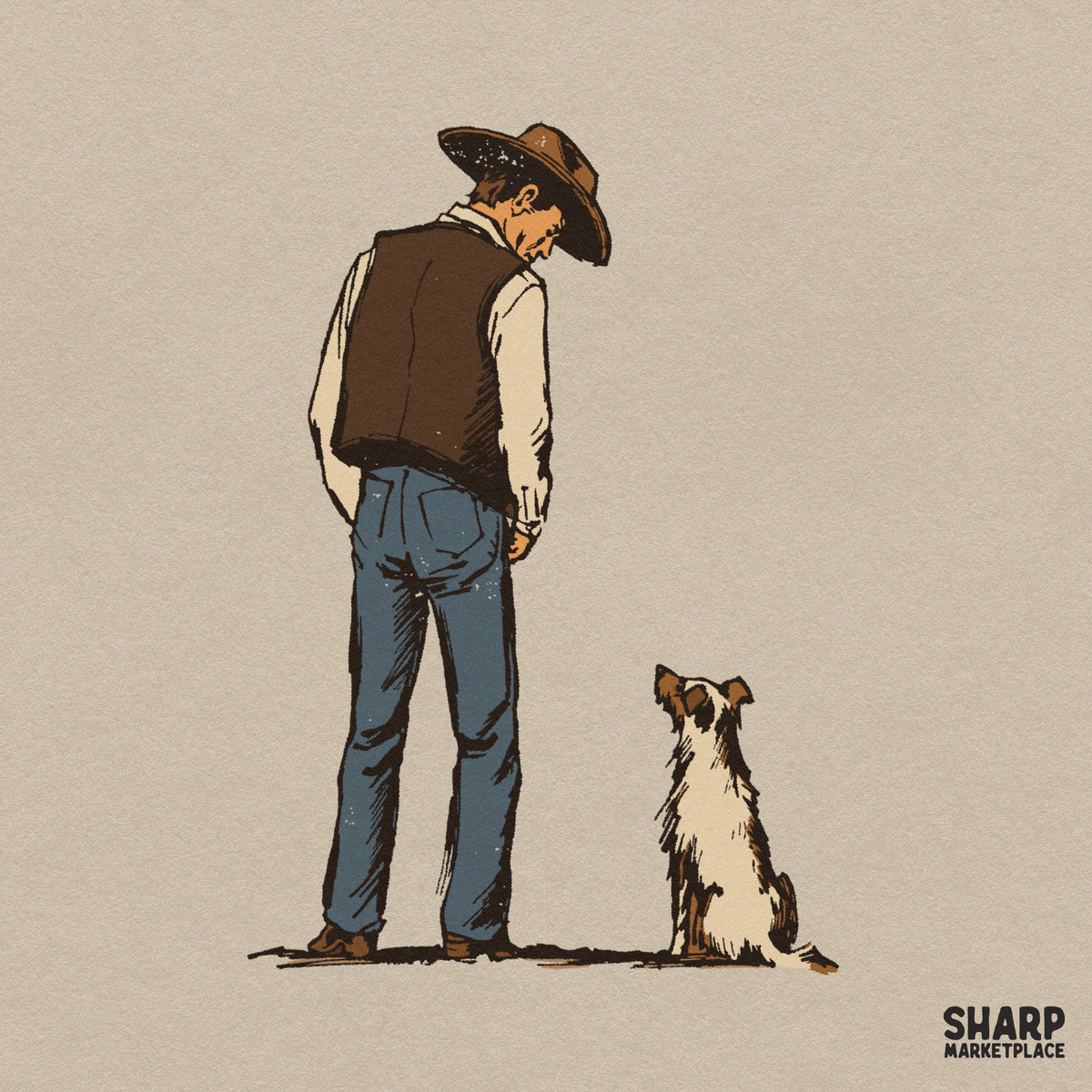 Retro western cowboy standing with his faithful dog illustration PNG graphic for shirts and country craft designs