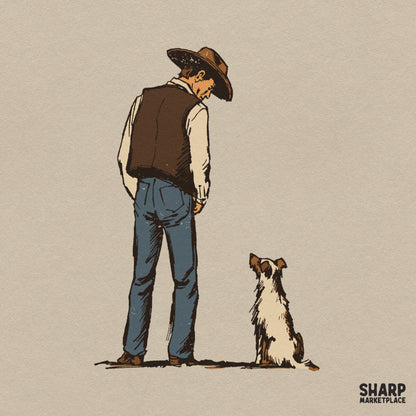 Retro western cowboy standing with his faithful dog illustration PNG graphic for shirts and country craft designs