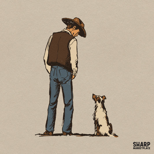 Retro western cowboy standing with his faithful dog illustration PNG graphic for shirts and country craft designs