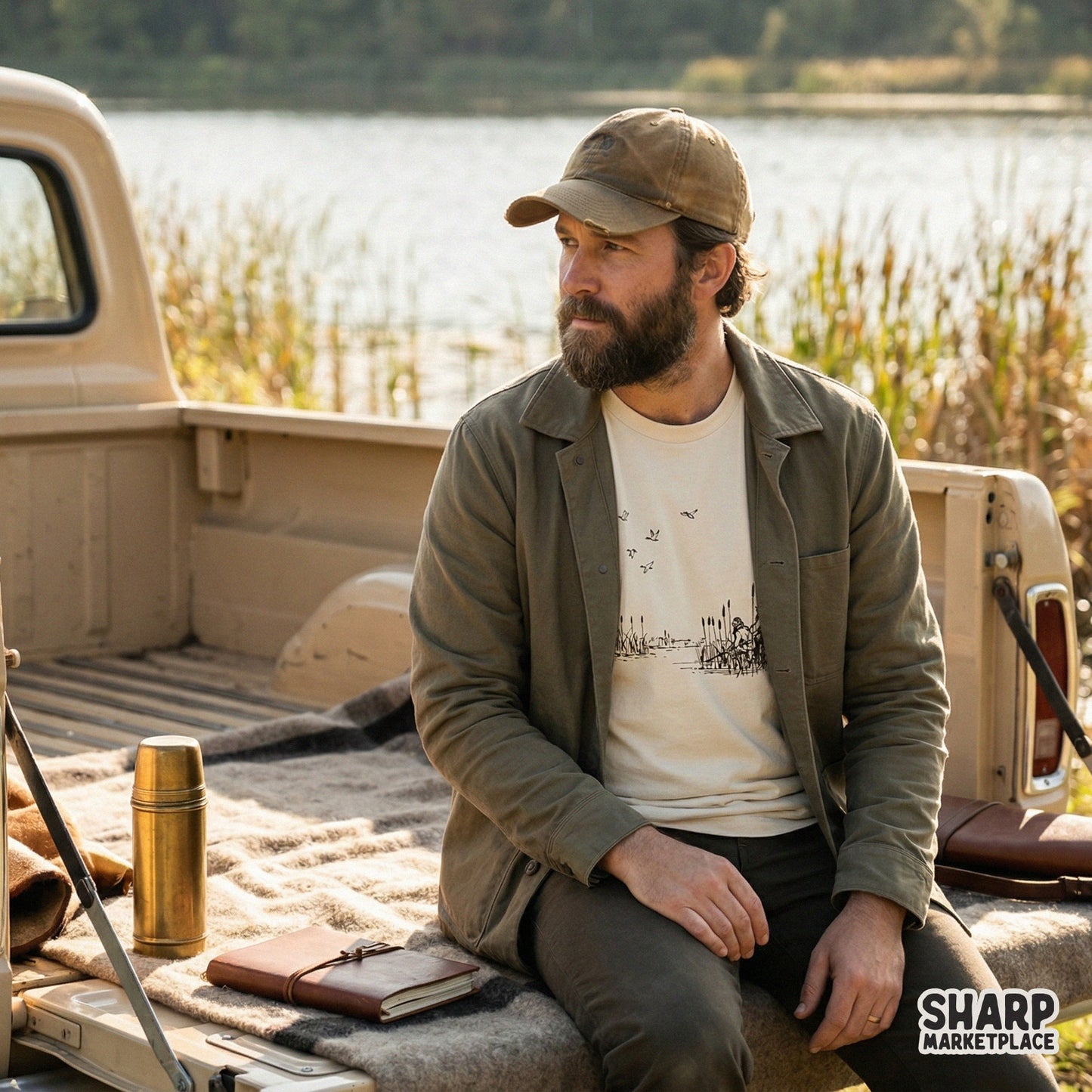 Rustic marsh fishing and duck hunting scene graphic printed on a cream t-shirt, featuring a minimalist sketch of reeds and birds for outdoor apparel.