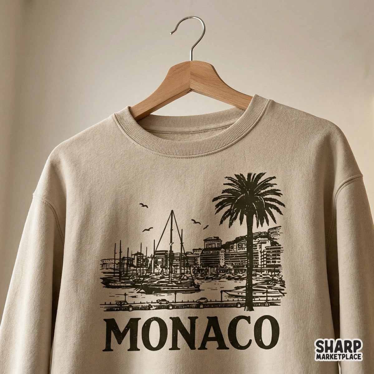 Sophisticated coastal travel artwork featuring a Mediterranean yacht harbor and palm tree, suitable for stickers, tumblers, and graphic tees.
