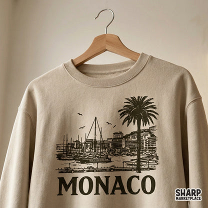 Sophisticated coastal travel artwork featuring a Mediterranean yacht harbor and palm tree, suitable for stickers, tumblers, and graphic tees.
