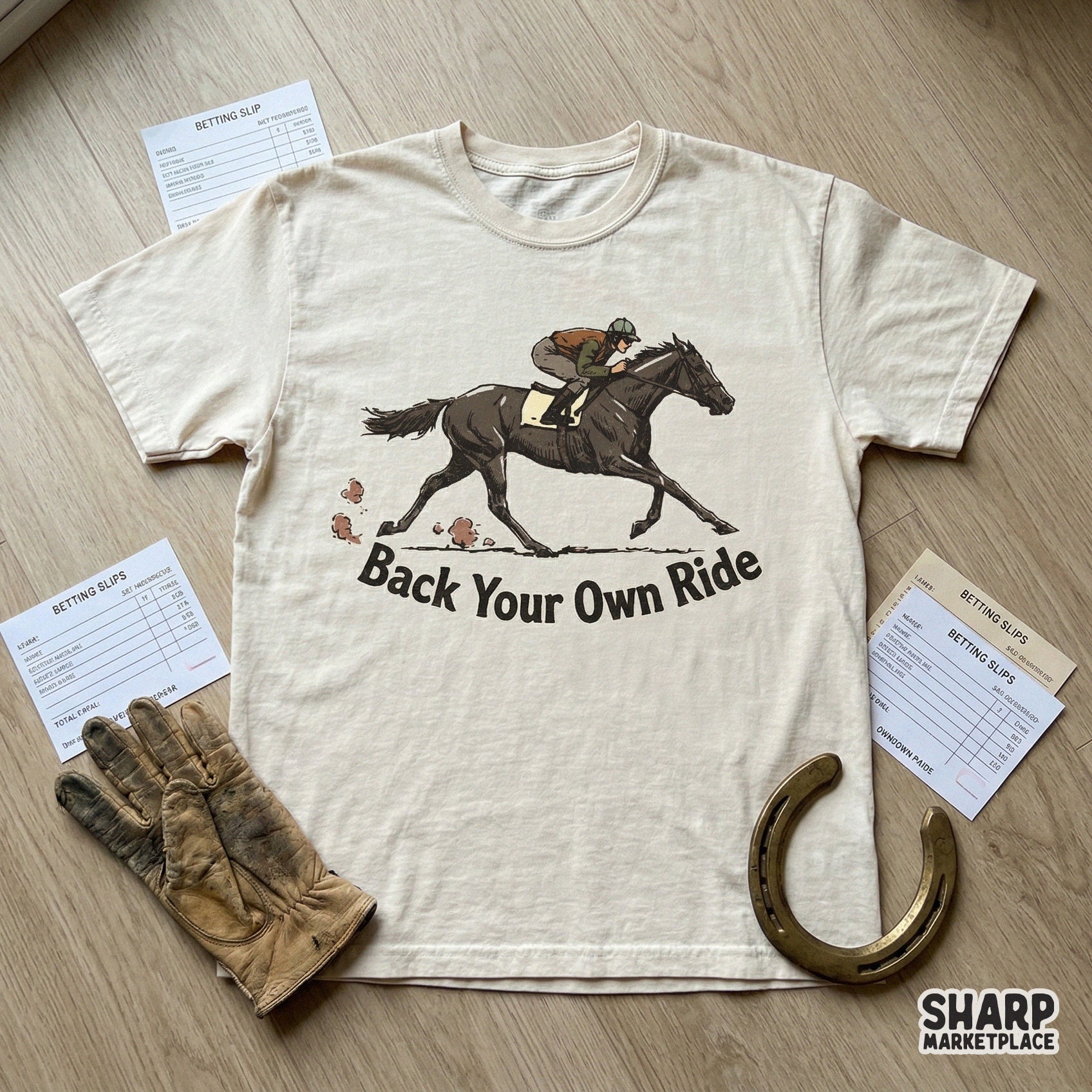Distressed equestrian digital art showing a racing jockey and horse with bold typography for use on sublimation tumblers, stickers, or clothing.