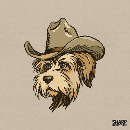 Hand-drawn scruffy dog portrait wearing a wide-brimmed cowboy hat in a vintage rustic style, perfect for western-themed sublimation and apparel prints.