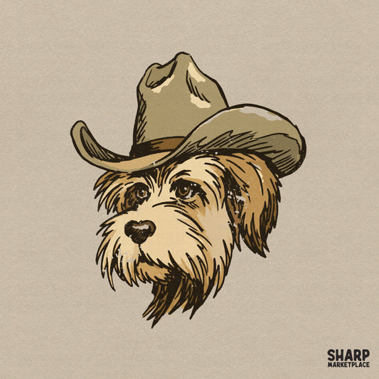 Hand-drawn scruffy dog portrait wearing a wide-brimmed cowboy hat in a vintage rustic style, perfect for western-themed sublimation and apparel prints.