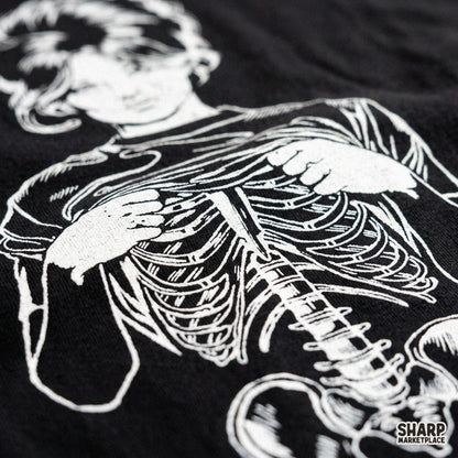 Gothic skeleton girl ripping her shirt open revealing ribcage anatomy art for spooky season halloween t-shirts