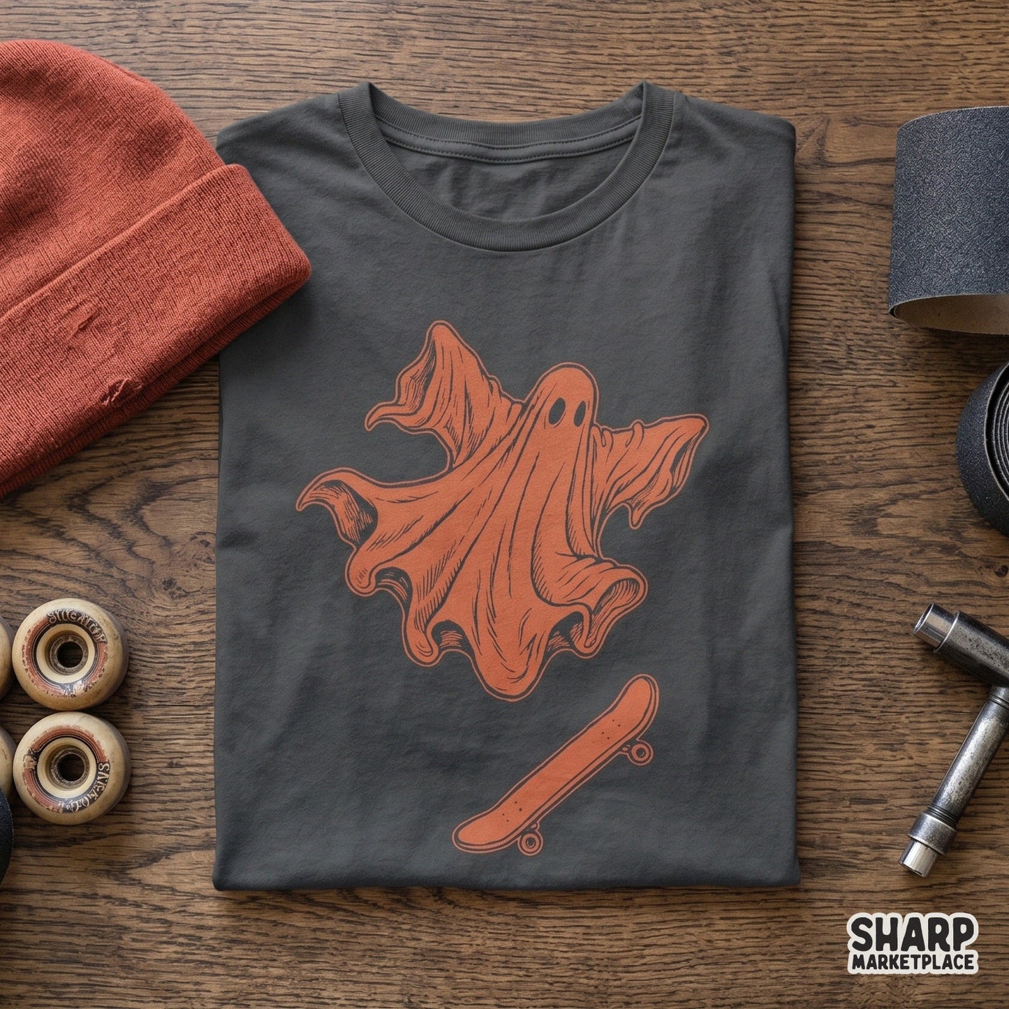 Retro orange skater ghost riding a skateboard, cute spooky Halloween PNG digital design for trendy fall apparel shirts