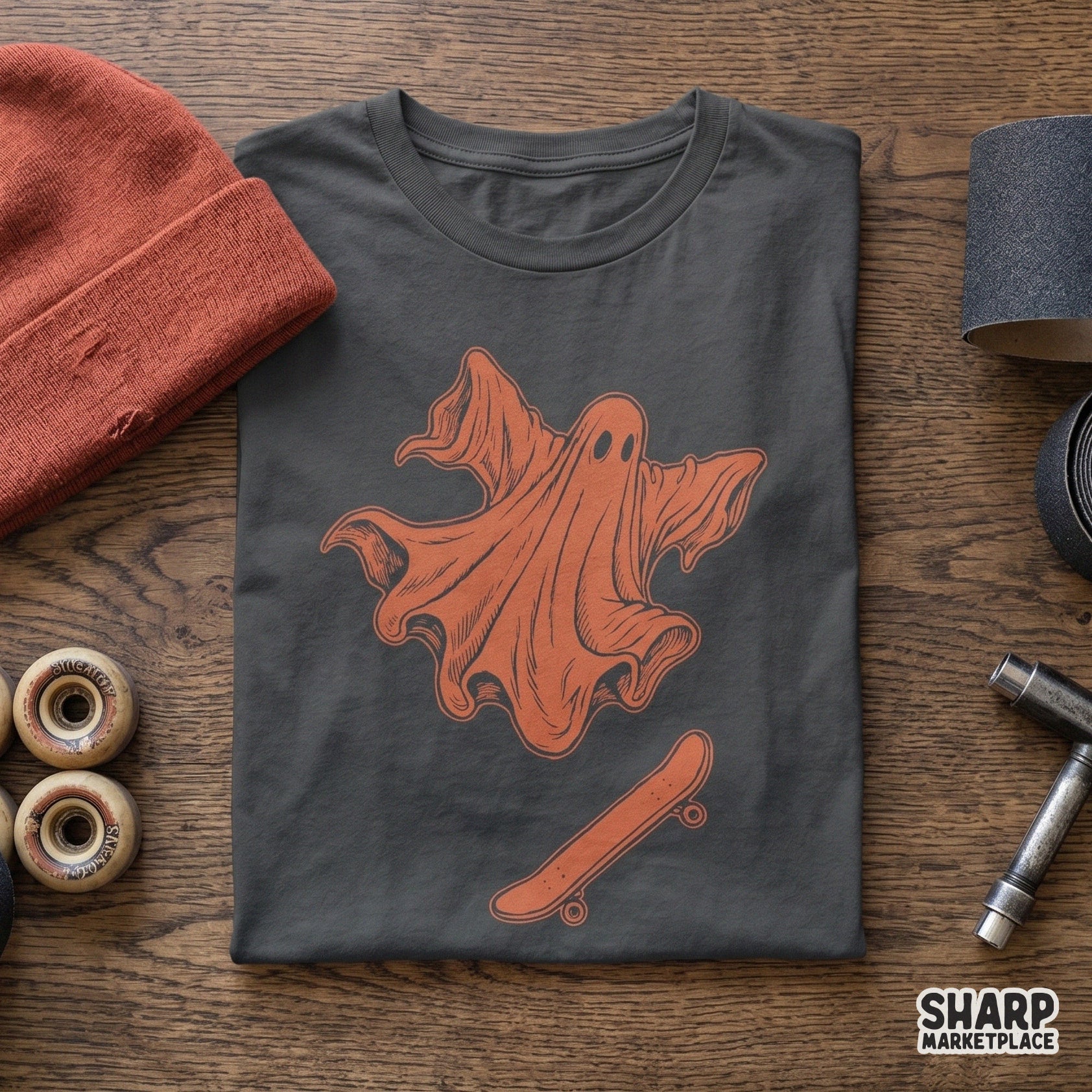 Retro orange skater ghost riding a skateboard, cute spooky Halloween PNG digital design for trendy fall apparel shirts