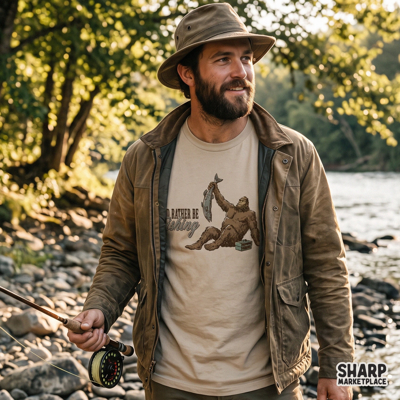 Funny Bigfoot fishing graphic in a retro western style for Father's Day shirts and lake life sublimation designs