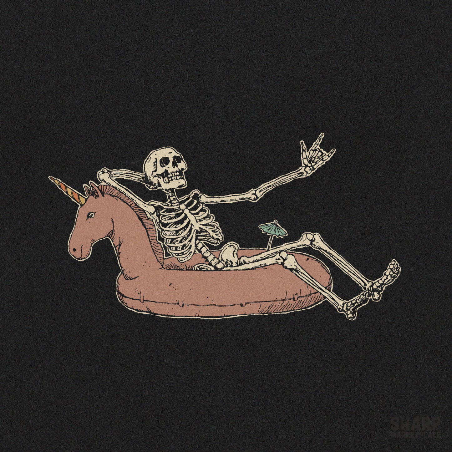 Relaxing skeleton in a unicorn floatie for summer goth beach vibes, perfect for spooky season sublimation and apparel designs