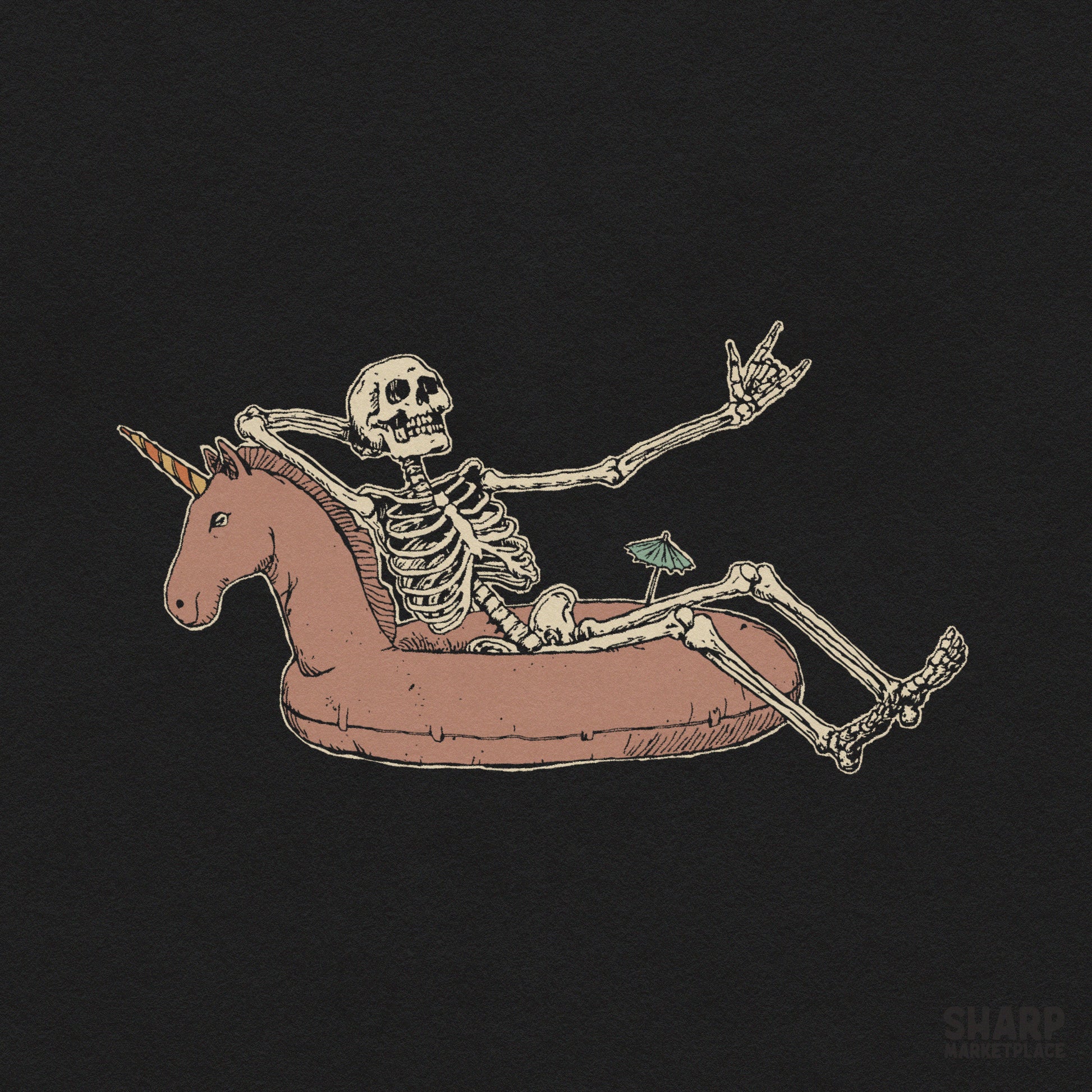 Relaxing skeleton in a unicorn floatie for summer goth beach vibes, perfect for spooky season sublimation and apparel designs