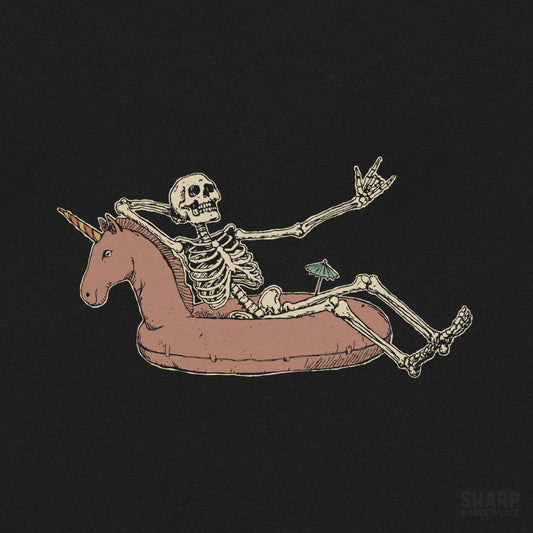 Relaxing skeleton in a unicorn floatie for summer goth beach vibes, perfect for spooky season sublimation and apparel designs