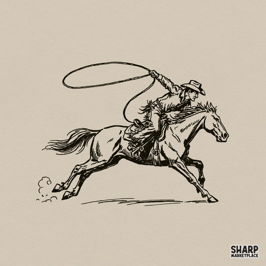 Vintage black ink illustration of a cowboy on a galloping horse swinging a lasso, perfect for western-themed apparel and sublimation projects.