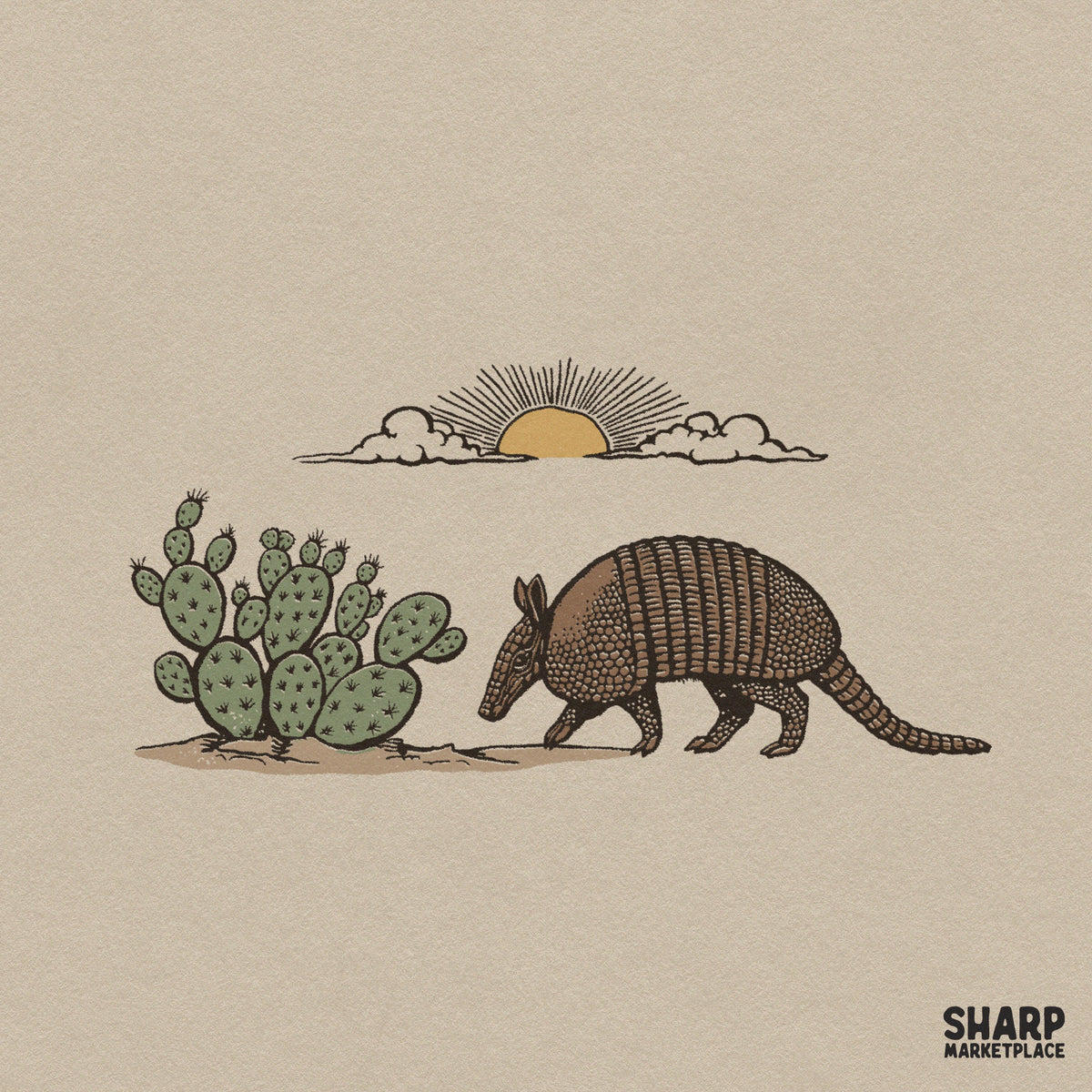 Vintage armadillo walking by prickly pear cactus in a desert scene, perfect western PNG for t-shirt sublimation